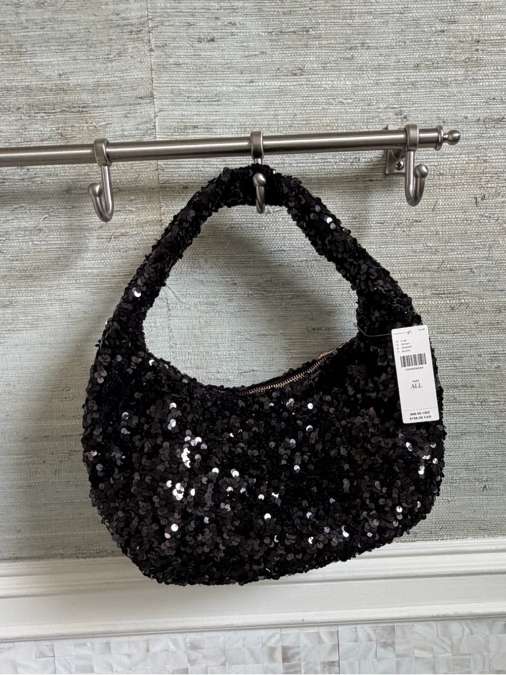 NWT new Anthropologie paillette sequin crescent bag black Shoulder purse - Picture 3 of 14
